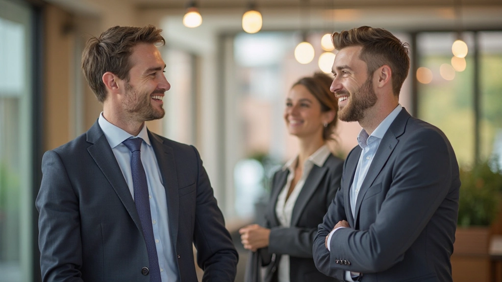 Kantoor scène met twee collega's in gesprek, man en vrouw, beide in professionele kleding, constructieve sfeer met achtergrond van werkplek