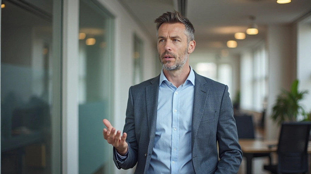 Professionele man luistert aandachtig, met open lichaamstaal, gekruiste armen in ontspannen houding, moderne werkplek achtergrond