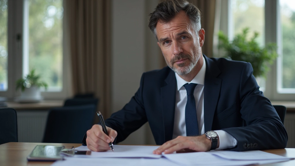 Professionele man in donkerblauwe pak maakt aantekeningen aan bureau omgeven met documenten, serieuze concentratie, kantoor achtergrond, borst tot hoofd portret