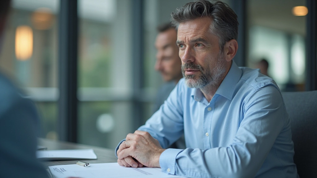 Zakenman in blauw overhemd aan een vergadertafel, concentreerd luisterend naar collega's met aantekeningen op tafel