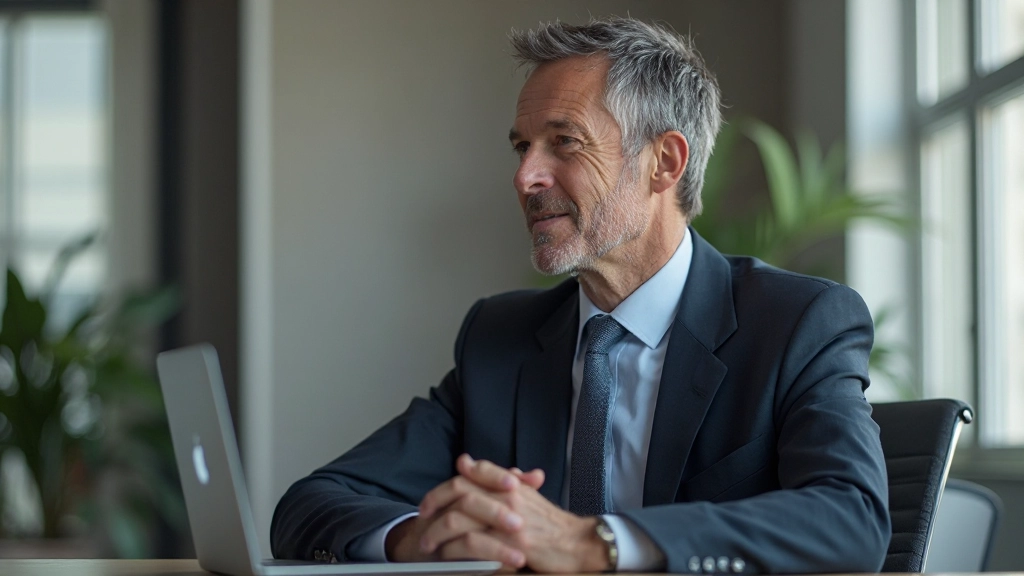 Zakenman reflecteert rustig op zijn werkplek, toont introspectie en zelfreflectie