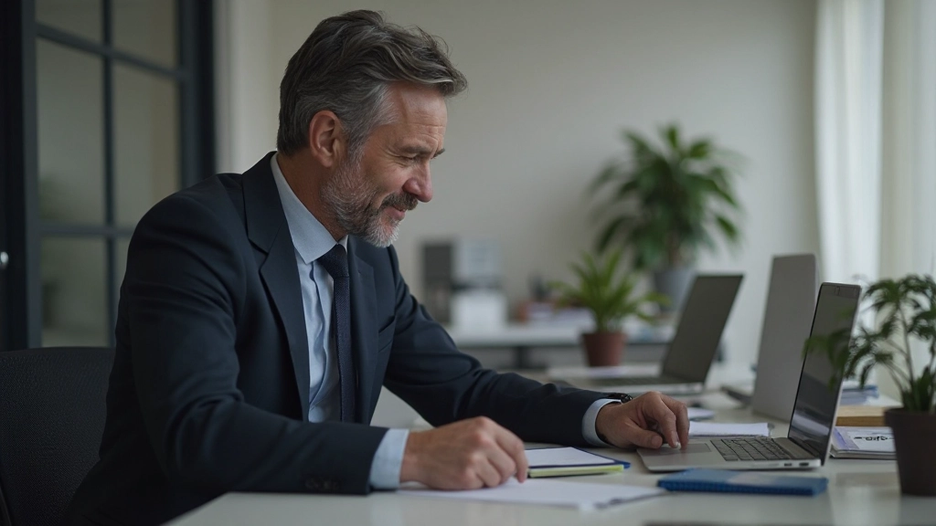 Man in donker pak aan bureau met laptop, gericht werkend, moderne werkplek met organizers en notities