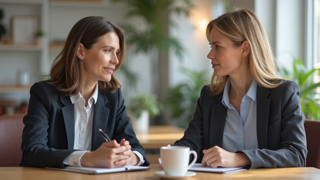 Twee professionele vrouwen in gesprek aan een tafel met notitieblokken en koffie