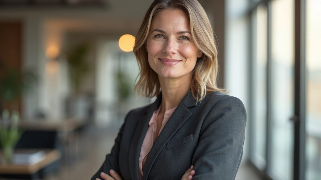 Professionele vrouw in donkere blazer met zelfverzekerde houding, staande in modern kantoorinterieur met daglicht van ramen